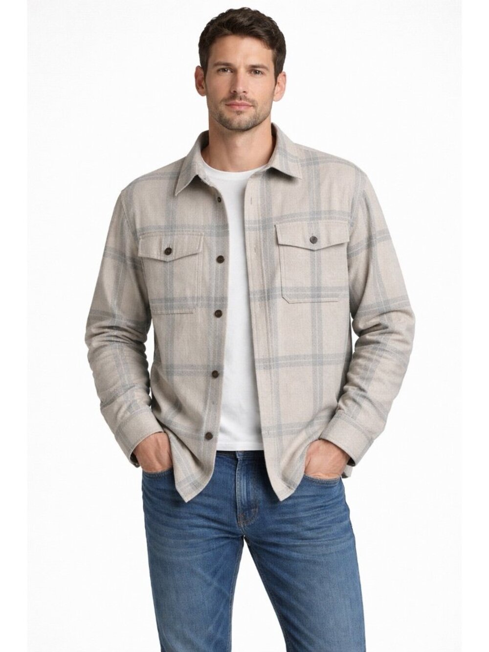 EXPRESS Plaid Wool-Blend button down Shirt Jacket Men's 2XL XXL ivory gray plaid